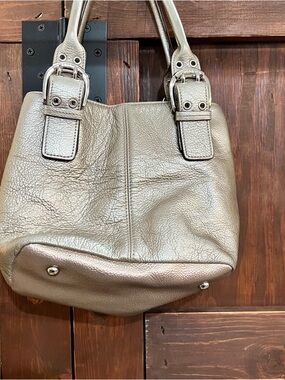 Metallic Pewter Leather Shoulder Bag with Buckle Accents